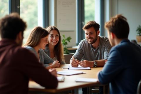 Small group English session with tutor leading discussion