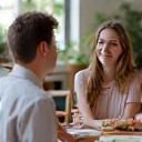 Two students practicing English conversation